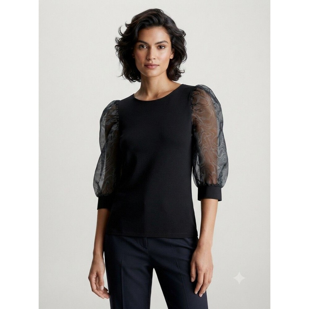 Calvin Klein Black Sheer Short Puff Sleeve Statement Blouse Size Small
